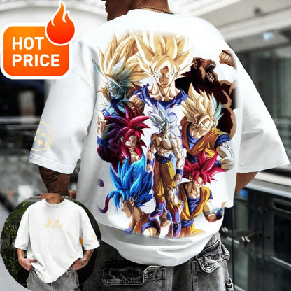 Sommer-Dragon Ball-T-shirt i 100 % bomuld med print af Goku i alle former – oversized gym- og streetwear-T-shirt i retrostil til voksne og børn