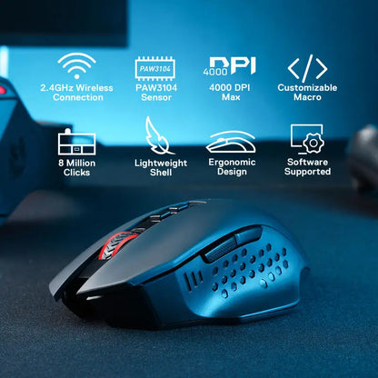 Redragon M656 Gainer Wireless Gaming Mouse, 4000 DPI 2.4GHz Wireless Gamer Mouse with 5 DPI Levels, 7 Macro Buttons, Red LED Backlight