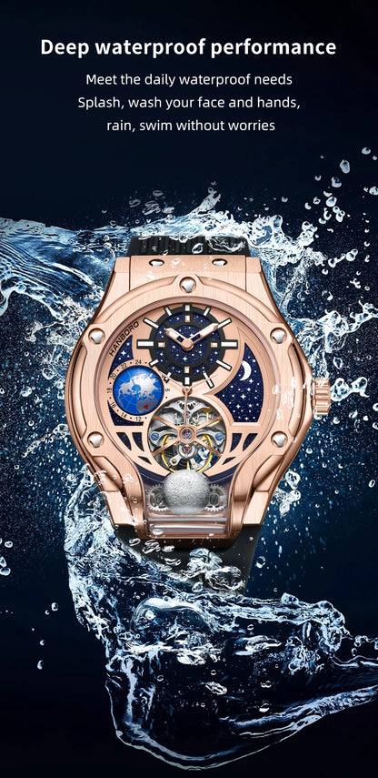 ase Autoy HANBORO Men’s Luxury Automatic Skeleton Watch  Rose Gold Starry Sky Moon Phase Mechanical WristwatchHollow Flywheel Moon Phxury Space Theme Sports Watch 980