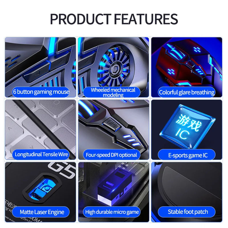 YINDIAO Ergonomic Wired Gaming Mouse RGB Mute Mouse LED Backlit 3200dpi 6 Button G5 USB Mechanical Mouse For PC Laptop Computer
