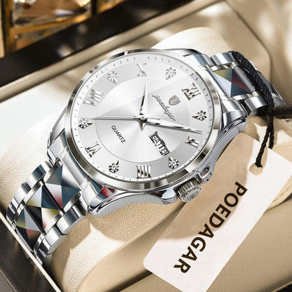 Reloj para hombre POEDAGAR, modelo de lujo original, resistente al agua, luminiscente, con indicador de fecha y día, estilo elegante, caja de acero inoxidable, mecanismo de cuarzo, ideal para el trabajo.