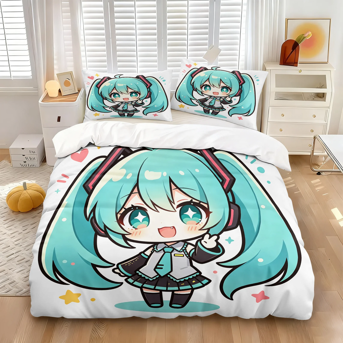 Σετ κάλυμμα παπλώματος Hatsune Miku σε στυλ Chibi – Χαριτωμένα κλινοσκεπάσματα anime με μαξιλαροθήκες – Διακόσμηση υπνοδωματίου για εφήβους και παιδιά – Δώρο για τους θαυμαστές