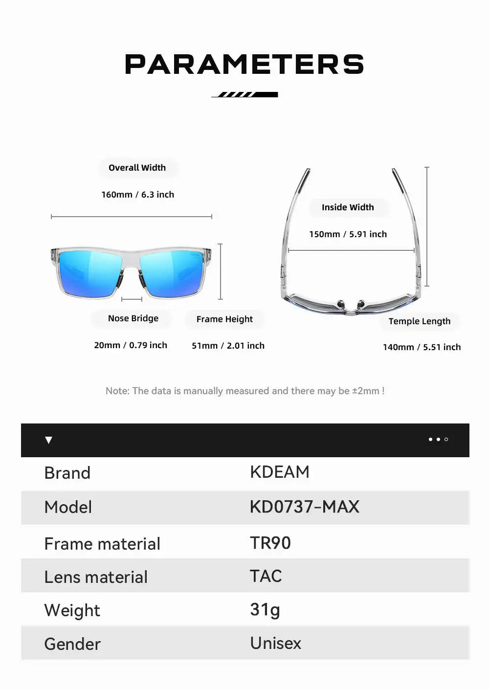 KDEAM Oversized Men's Sunglasses Polarized TR90 Big Size Sun Glasses Width 160mm Protective Case Included KD0737 MAX