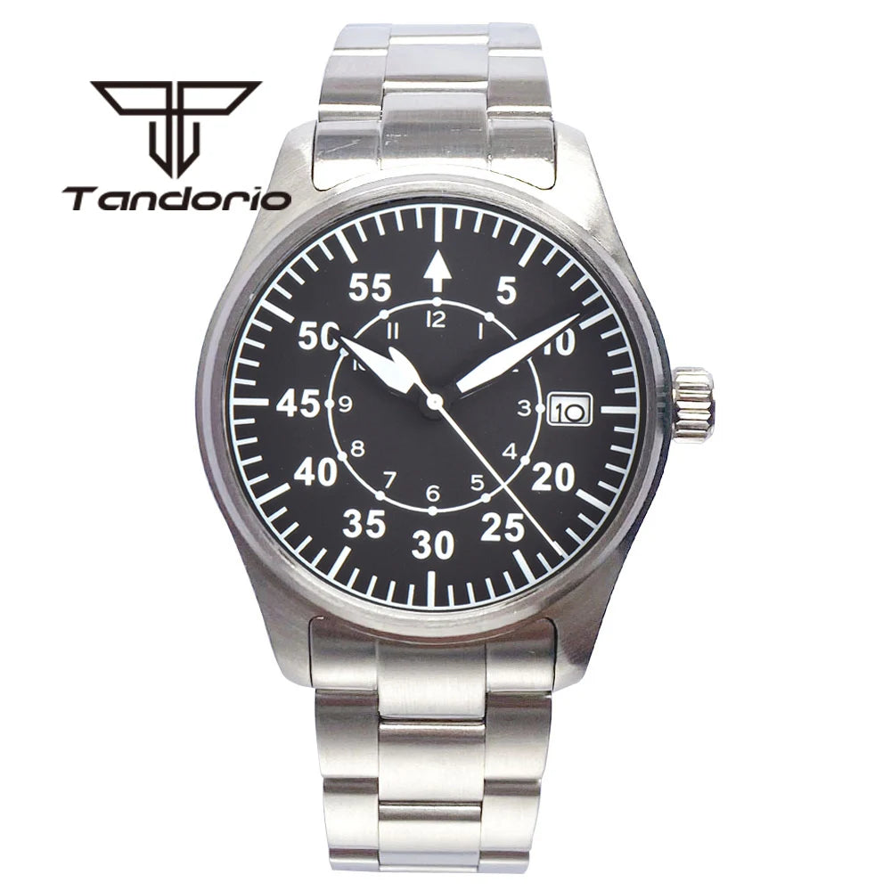 Tandorio 39 mm – męski zegarek automatyczny typu pilot nurkowy, mechanizm NH35/PT5000/Miyota8215, szafirowe szkło AR, wodoodporność 20 barów, świecące wskaźniki