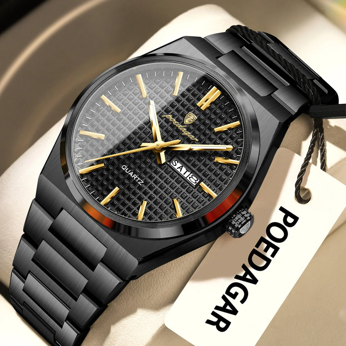 Reloj de pulsera de lujo para hombre POEDAGAR, resistente al agua, luminiscente, de acero inoxidable, con fecha y día de la semana, de cuarzo, estilo ejecutivo.