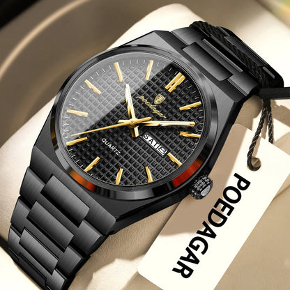 Reloj de pulsera de lujo para hombre POEDAGAR, resistente al agua, luminiscente, de acero inoxidable, con fecha y día de la semana, de cuarzo, estilo ejecutivo.