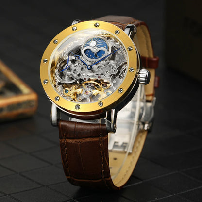 Pánske mechanické automatické náramkové hodinky SKROX, skeletový model s funkciou GMT, fázami mesiaca a tourbillon – luxusné hodinky najvyššej triedy, elegantné a originálne.
