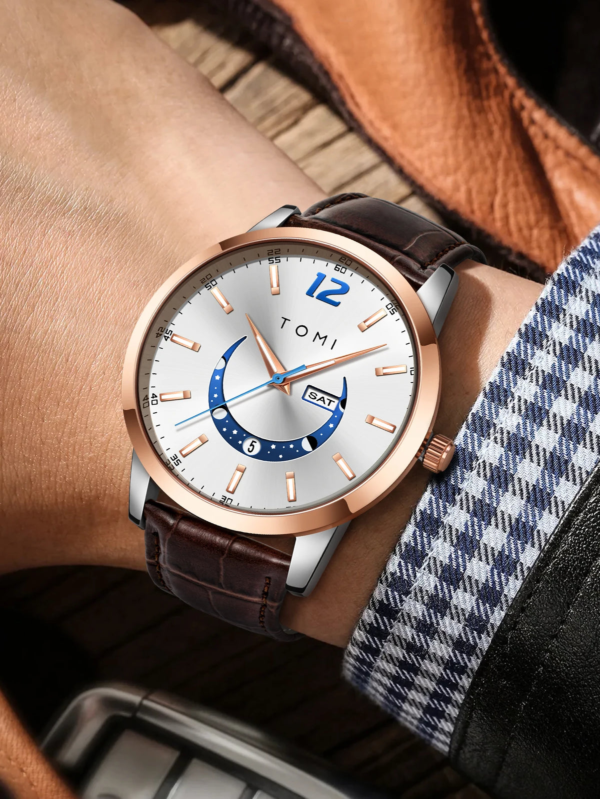 TOMI-kvartsur, elegant i affärsstil, med läderarmband, boett i legering och urtavla med visare – Exklusiv design, presentidé för män