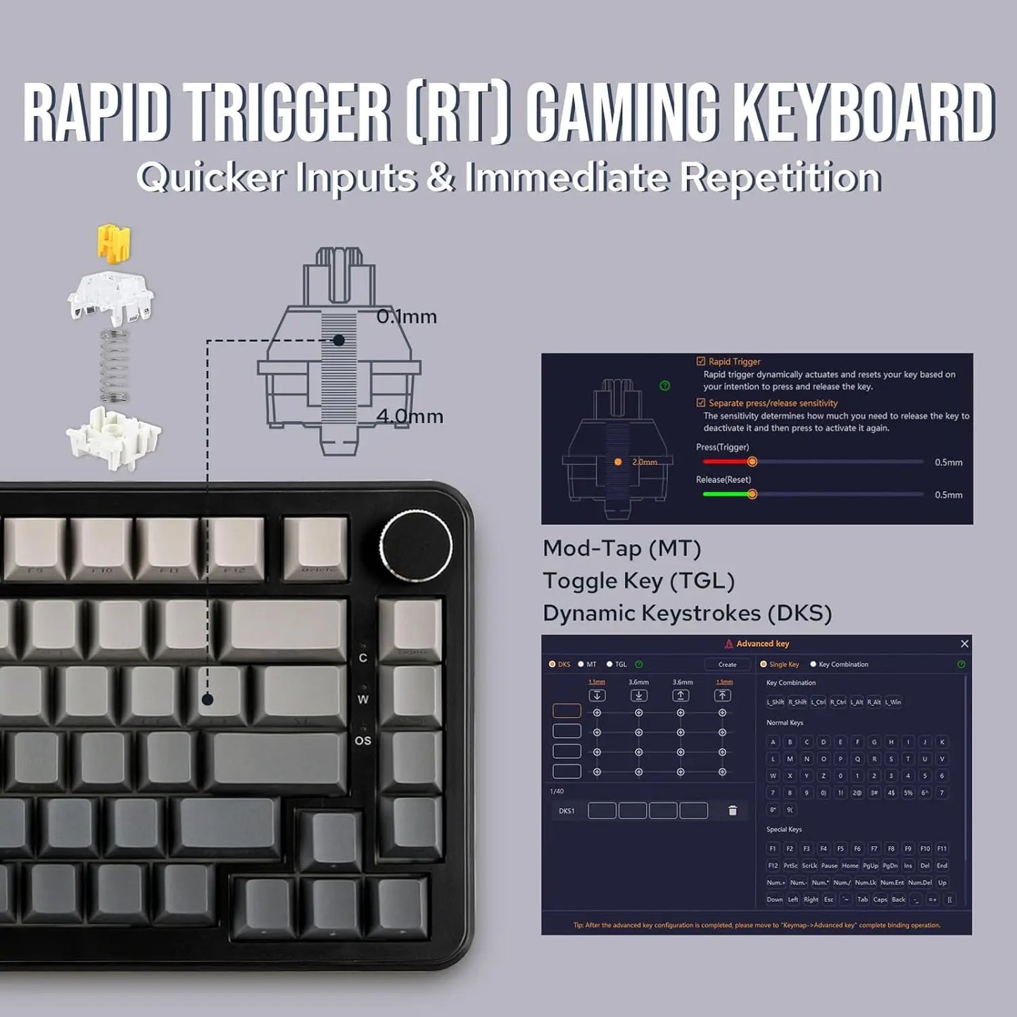 AJAZZ AK820 MAX Magnetic Switch Mechanical Gaming Keyboard, Wired 75% RGB Gasket Mechanical Keyboard with Type-C, Hot-Swappable PBT Keycaps, 8000Hz Polling Rate
