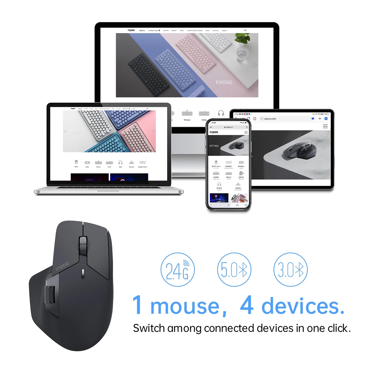 Rapoo MT760/MT760Mini Multi-mode Rechargeable Wireless Bluetooth Mouse Ergonomic 4000 DPI Supports Up to 4 Devices Office Mice
