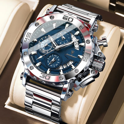 Luxusné pánske hodinky POEDAGAR, svietiace, vodotesné, chronograf, dátum, nerezová oceľ, quartz, Reloj