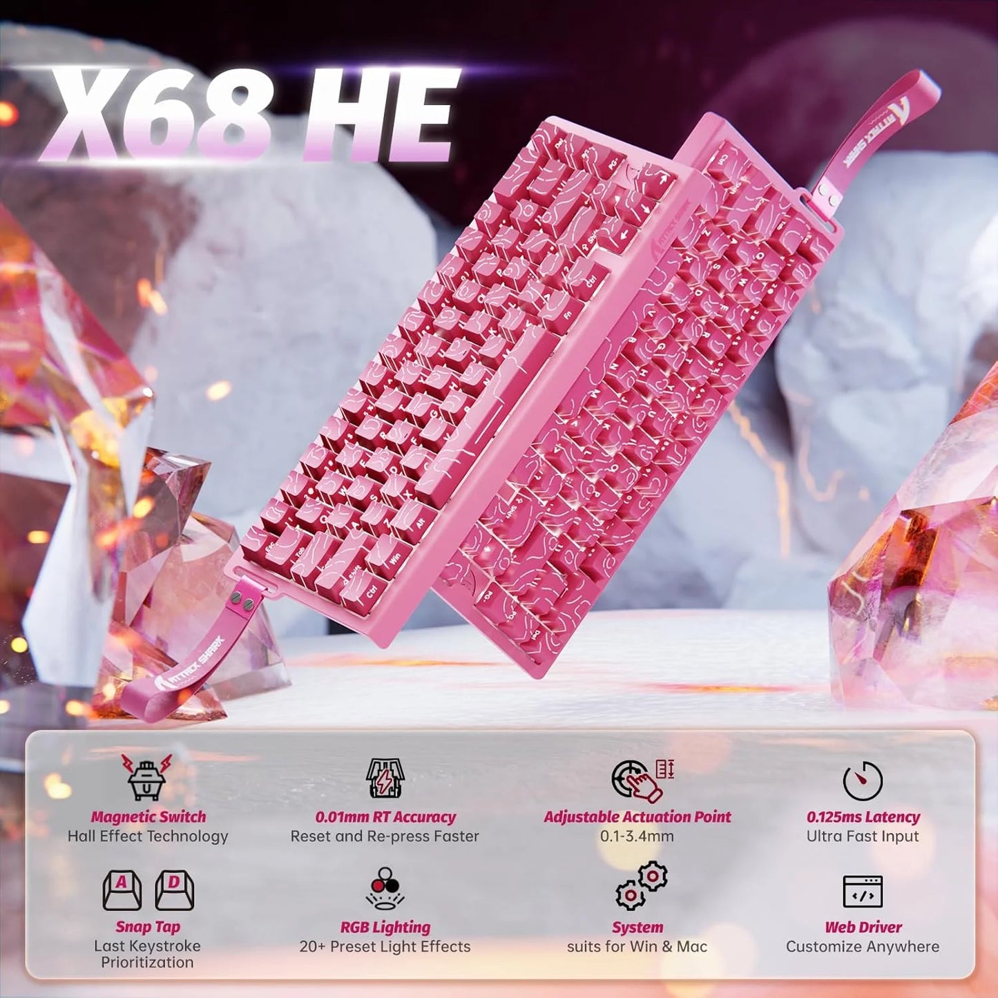 ATTACK SHARK X68 HE Rapid Trigger Magnetic Keyboard 8KHz Wired Gaming Keyboard, 60% RGB Hall Effect Keyboard with 0.01mm RT Accuracy, Snap Tap & DKS for PC/Mac