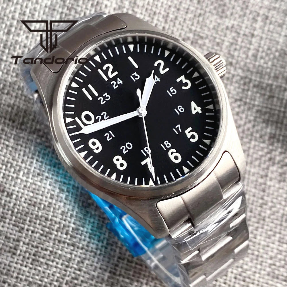 Tandorio 39 mm – męski zegarek automatyczny typu pilot nurkowy, mechanizm NH35/PT5000/Miyota8215, szafirowe szkło AR, wodoodporność 20 barów, świecące wskaźniki
