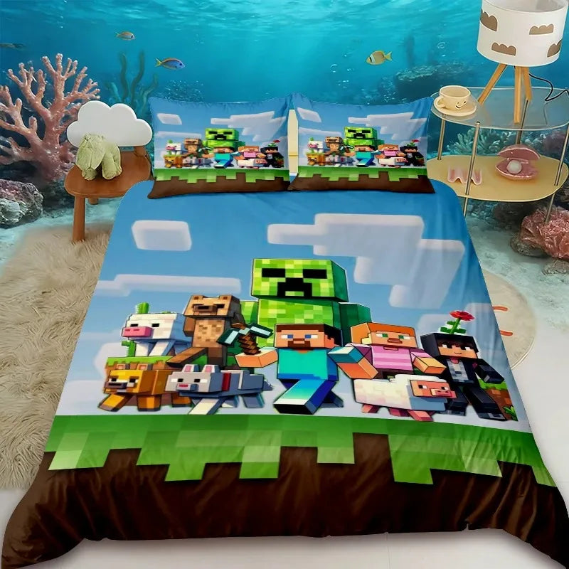 Pościel dla dzieci z motywem kreskówkowym Minecraft – zestaw pościelowy z poszewką na kołdrę w rozmiarze Queen, King i Full z 1/2 poszewką na poduszkę do sypialni