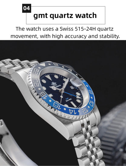 Ceas ADDIESDIVE pentru bărbați, cu mecanism cu cuarț, funcție GMT, rezistent la apă până la 20 bar, BGW9, superluminescent, din oțel inoxidabil 316L, cu ramă din ceramică
