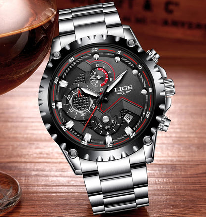 Montre pour homme LIGE – Montre à quartz tendance, marque de luxe, tout en acier, style professionnel, étanche et sportive – Livrée avec boîte