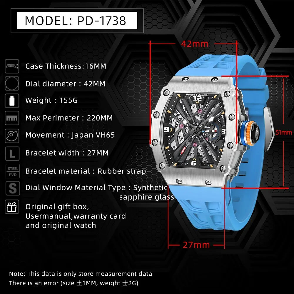 2026 New PAGANI DESIGN Men's Quartz Watches VH65 Movt Skeleton Dial 100M Waterproof Sport Rectangle Sapphire Glass Watch for Men