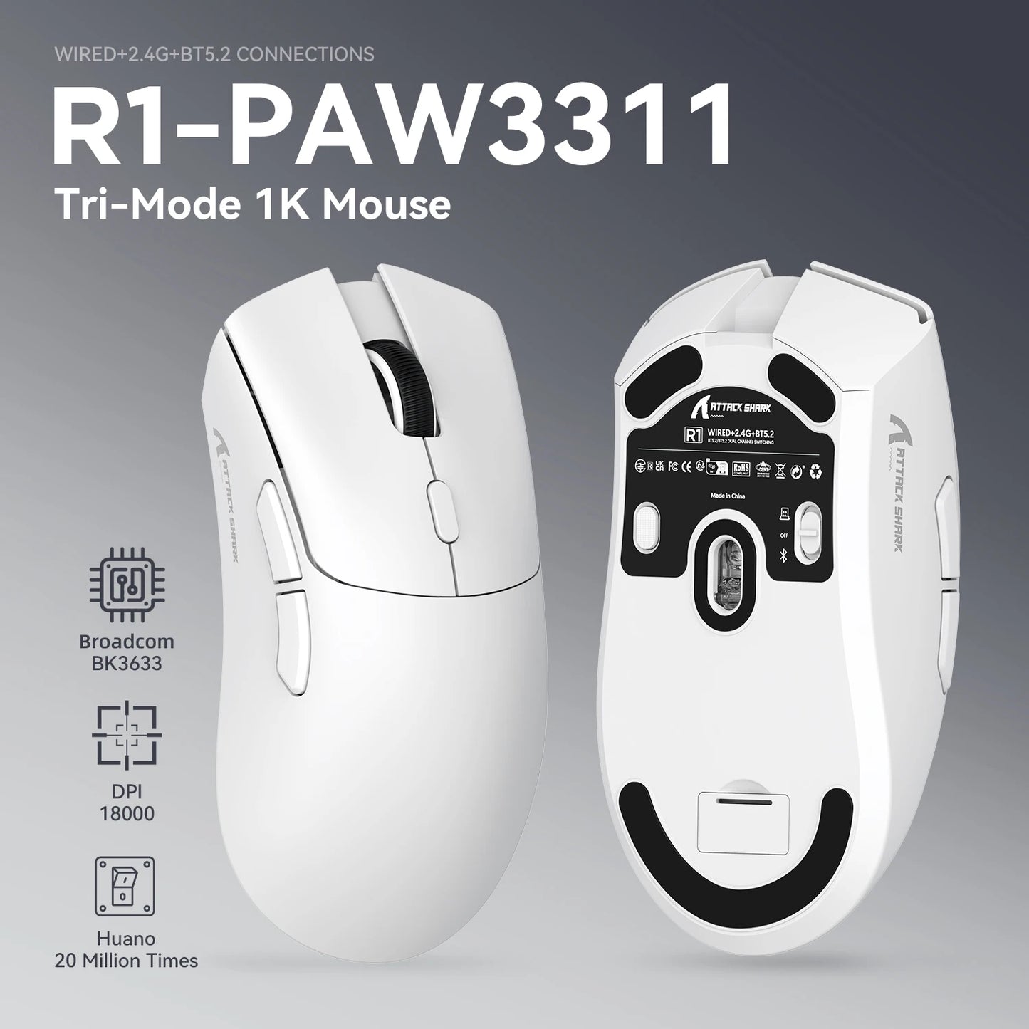 Геймърска мишка ATTACK SHARK R1 Tri-mode, сензор PixArt PAW3311, 18000 DPI, 1000hz, ултралека 59g за голяма ръка, за PC/Mac