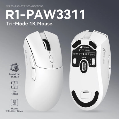 Геймърска мишка ATTACK SHARK R1 Tri-mode, сензор PixArt PAW3311, 18000 DPI, 1000hz, ултралека 59g за голяма ръка, за PC/Mac