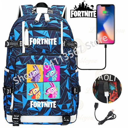 Red Jade F-Fortnited Battle Royale Backpack with USB Charging Anime Figures Study Stationery Compartment for Students Mochila