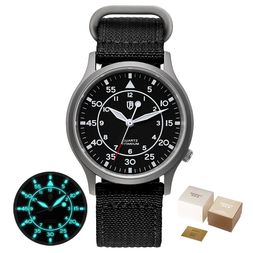 BERNY Titanium herenhorloge met kwartsmechanisme, AR-coating, saffierglas, modieus polshorloge, lichtgevend, VH31, ultradun polshorloge, waterdicht tot 5 ATM