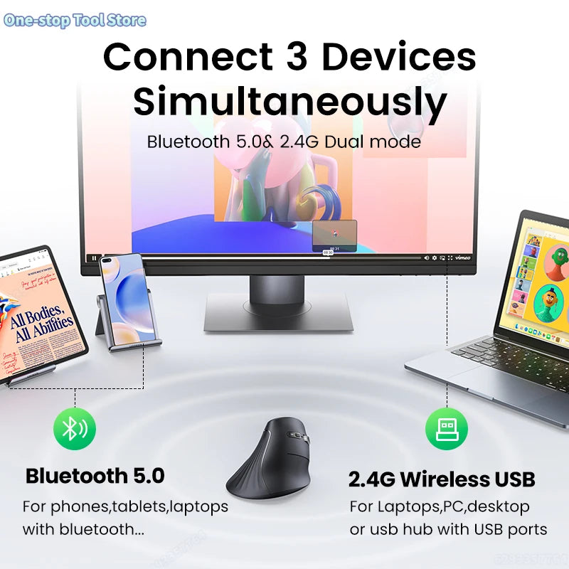 Mouse Wireless Bluetooth 5.0 2.4G Ergonomic 4000DPI 6 Mute Buttons for MacBook Tablet Laptops Computer PC Mice