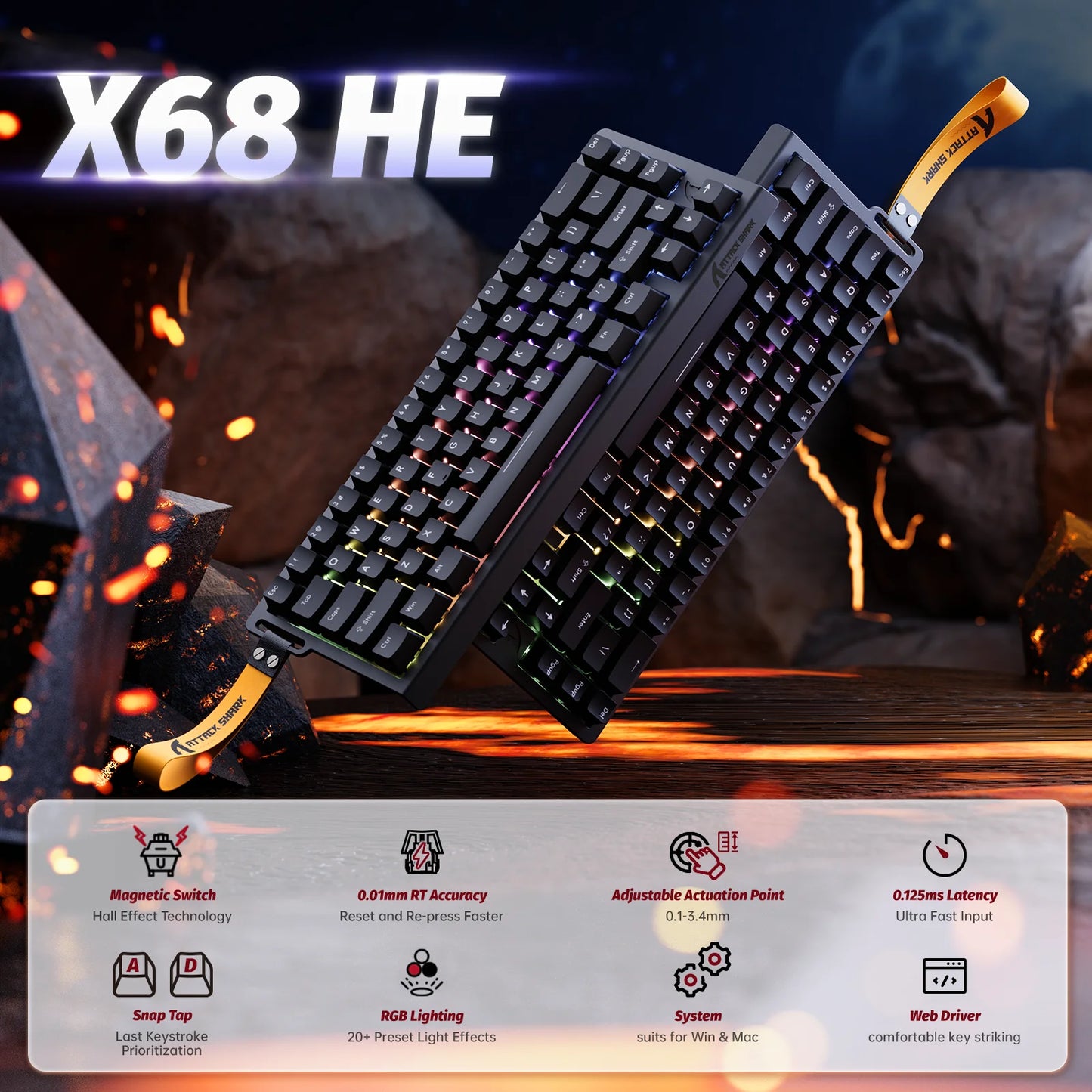 ATTACK SHARK X68 HE Rapid Trigger Magnetic Keyboard 8KHz Wired Gaming Keyboard, 60% RGB Hall Effect Keyboard with 0.01mm RT Accuracy, Snap Tap & DKS for PC/Mac
