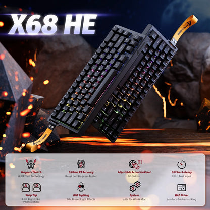 ATTACK SHARK X68 HE Rapid Trigger Magnetic Keyboard 8KHz Wired Gaming Keyboard, 60% RGB Hall Effect Keyboard with 0.01mm RT Accuracy, Snap Tap & DKS for PC/Mac