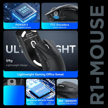 ATTACK SHARK R1 59g SUPERLIGHT Mouse, PixArt PAW3311 Gaming Sensor,  6 Adjustable DPI up to 18000, 65 Hrs Battery, G502