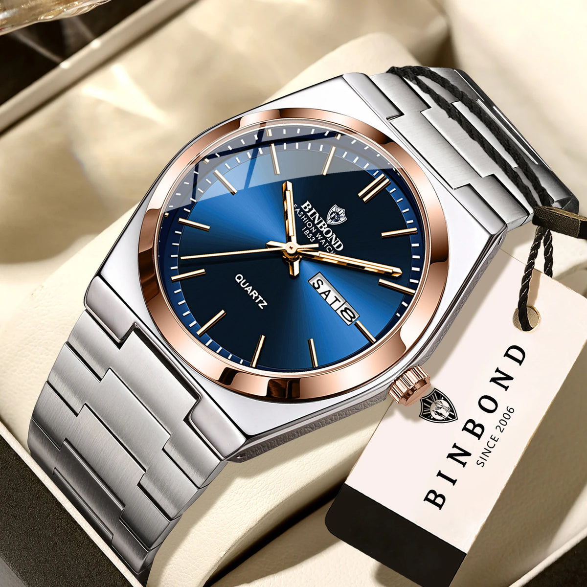 Montre-bracelet à quartz de luxe BINBOND, lumineuse, étanche, jour de la semaine, date automatique, bracelet en acier, style business, sport, mode et décontracté.