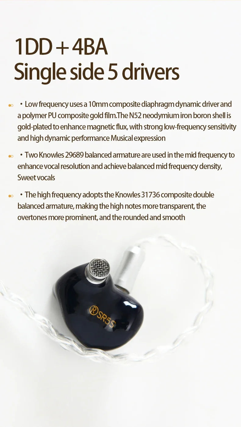 Son Rhyme SR5S Knowles 4Ba + 1Dd hybride écouteur 2Pin 0.78mm Hifi Audiophile dans l'oreille moniteur Iems avec câble modulaire 3.5Mm/4.4Mm