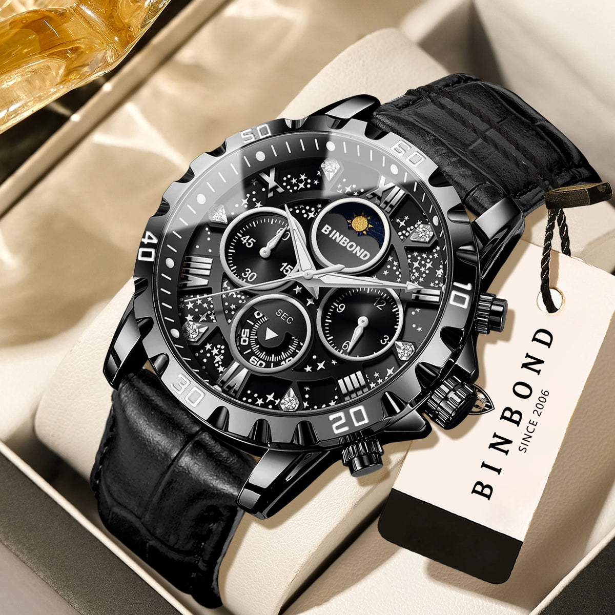 Montre-bracelet à quartz BINBOND authentique et précise pour homme, chronographe lumineux étanche de luxe avec bracelet en cuir.