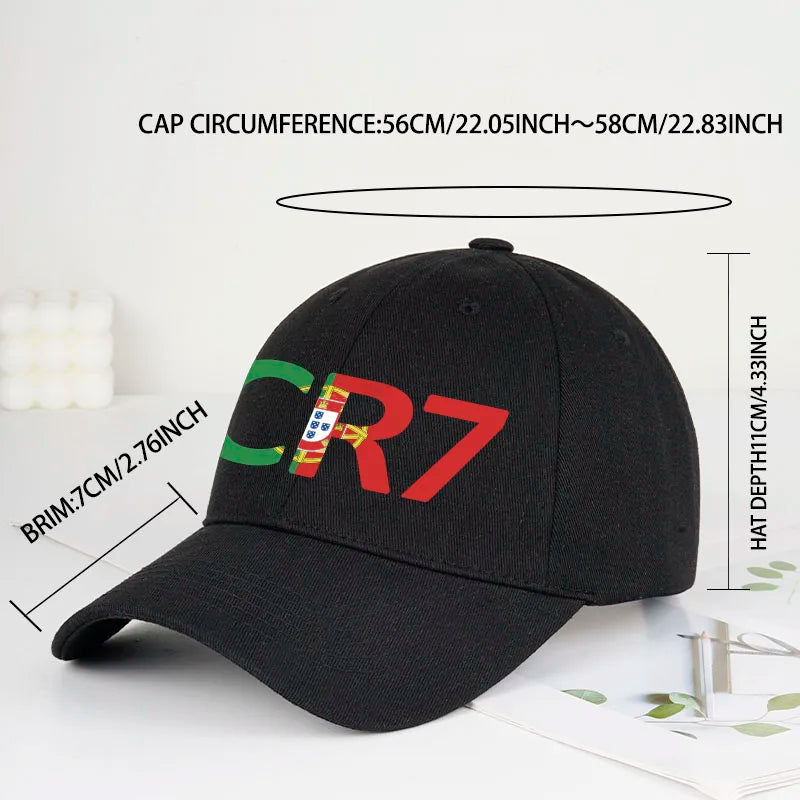 CR7 Portugal Print Black Baseball Cap Adjustable Unisex Football Player Casual Sun Hat