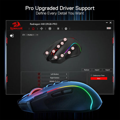 Redragon M612 PRO BT & 2.4 RGB Gaming Mouse, 8000 DPI Wired/Wireless Optical Gamer Mice, 11 Programmable Buttons & 6 Backlit Modes