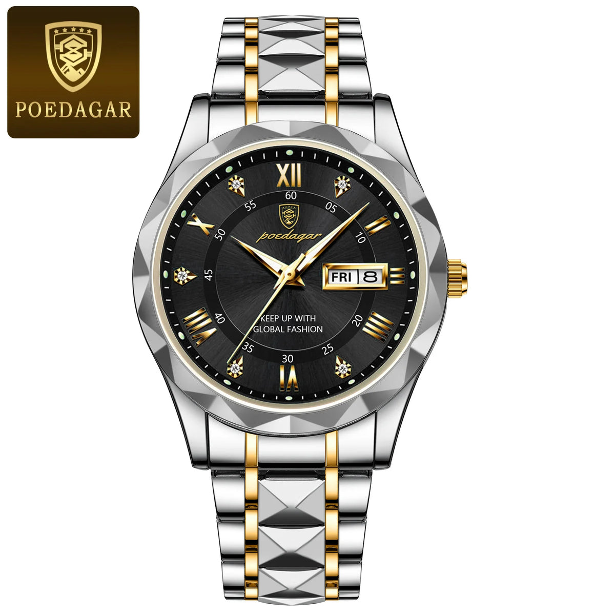 Męski zegarek POEDAGAR Business Luxury, wodoodporny, ze stali nierdzewnej, z podświetleniem, z datownikiem i wskaźnikiem dnia tygodnia, w stylu sportowym, na mechanizmie kwarcowym.