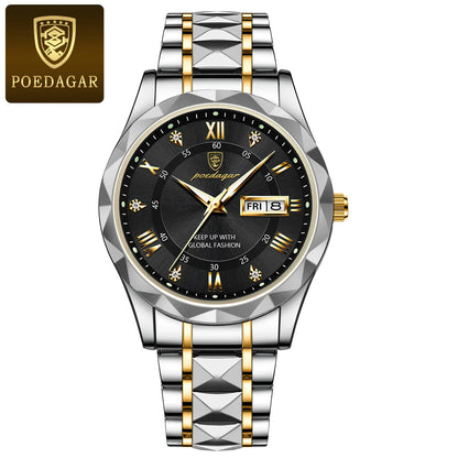Męski zegarek POEDAGAR Business Luxury, wodoodporny, ze stali nierdzewnej, z podświetleniem, z datownikiem i wskaźnikiem dnia tygodnia, w stylu sportowym, na mechanizmie kwarcowym.