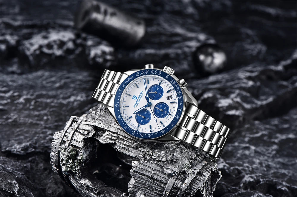Montre pour homme PAGANI DESIGN « New Moon » – Montre à quartz de luxe, chronographe, verre saphir avec traitement antireflet, lunette en céramique, aiguilles luminescentes