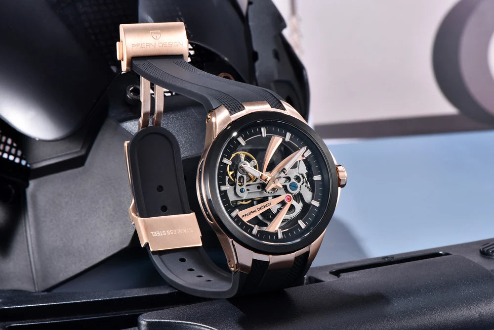 Ανδρικό ρολόι PAGANI DESIGN – Πολυτελές αυτόματο μηχανικό μοντέλο, τύπου «σκελετού» (με ανοιχτή καρδιά), εξοπλισμένο με τουρμπιγιόν, ζαφειρένιο κρύσταλλο με αντιανακλαστική επίστρωση, αδιάβροχο και φωταυγές.