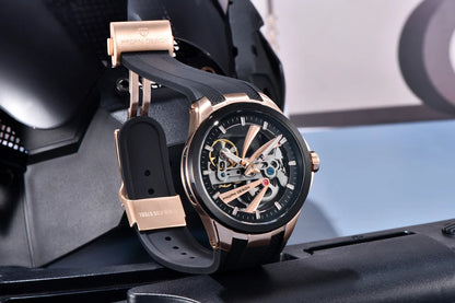 Ανδρικό ρολόι PAGANI DESIGN – Πολυτελές αυτόματο μηχανικό μοντέλο, τύπου «σκελετού» (με ανοιχτή καρδιά), εξοπλισμένο με τουρμπιγιόν, ζαφειρένιο κρύσταλλο με αντιανακλαστική επίστρωση, αδιάβροχο και φωταυγές.