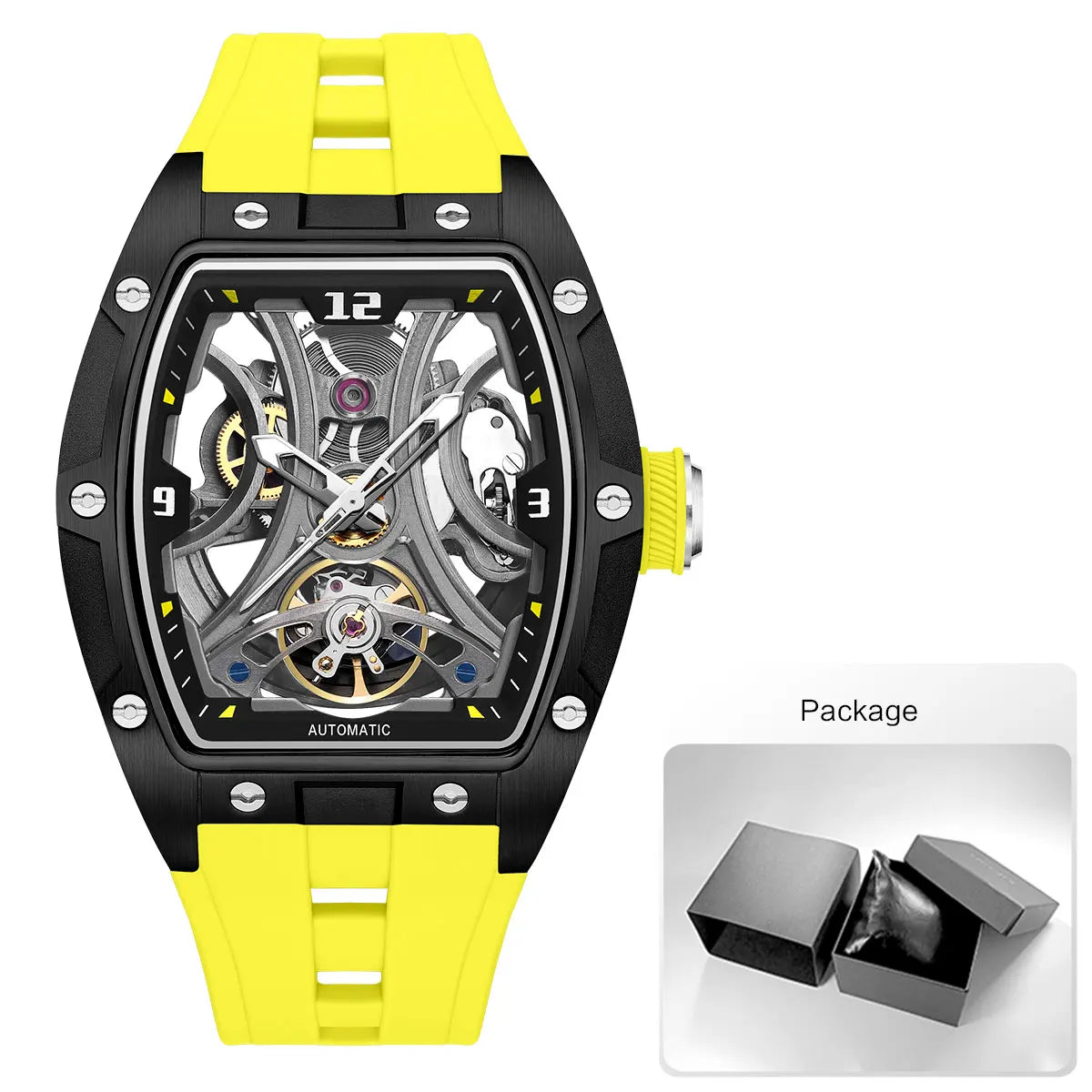 MEGIR Sports Style Automatic Mechanical Watch for Men Full Hollow Transparent Dial Design Stainless Steel Case Silicone Strap