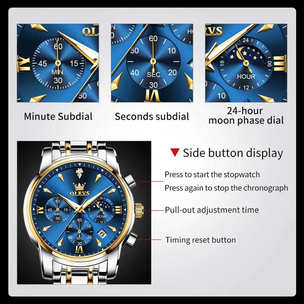 OLEVS 3639 Top Brand Original Luxury New Quartz Watch Stainless Steel Watch For Men Waterproof Luminous Moon Phase Mens Watch