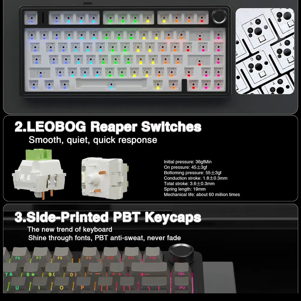 AULA F75 Gaming Mechanical Keyboard RGB 75% Layout Side-engraving Customized Gasket Mounted 80 key PBT Keycaps Wireless keyboard
