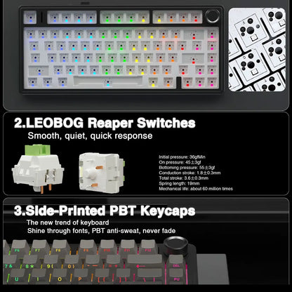 AULA F75 Gaming Mechanical Keyboard RGB 75% Layout Side-engraving Customized Gasket Mounted 80 key PBT Keycaps Wireless keyboard