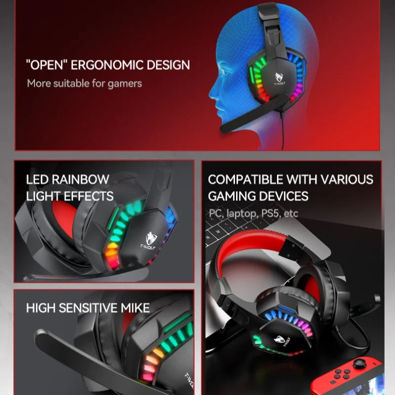 H120 RGB LED Light Wired Headphones USB 3.5mm Audio Interface Bass Stereo Sound Gaming Headsets with High Sensitivity Microphone