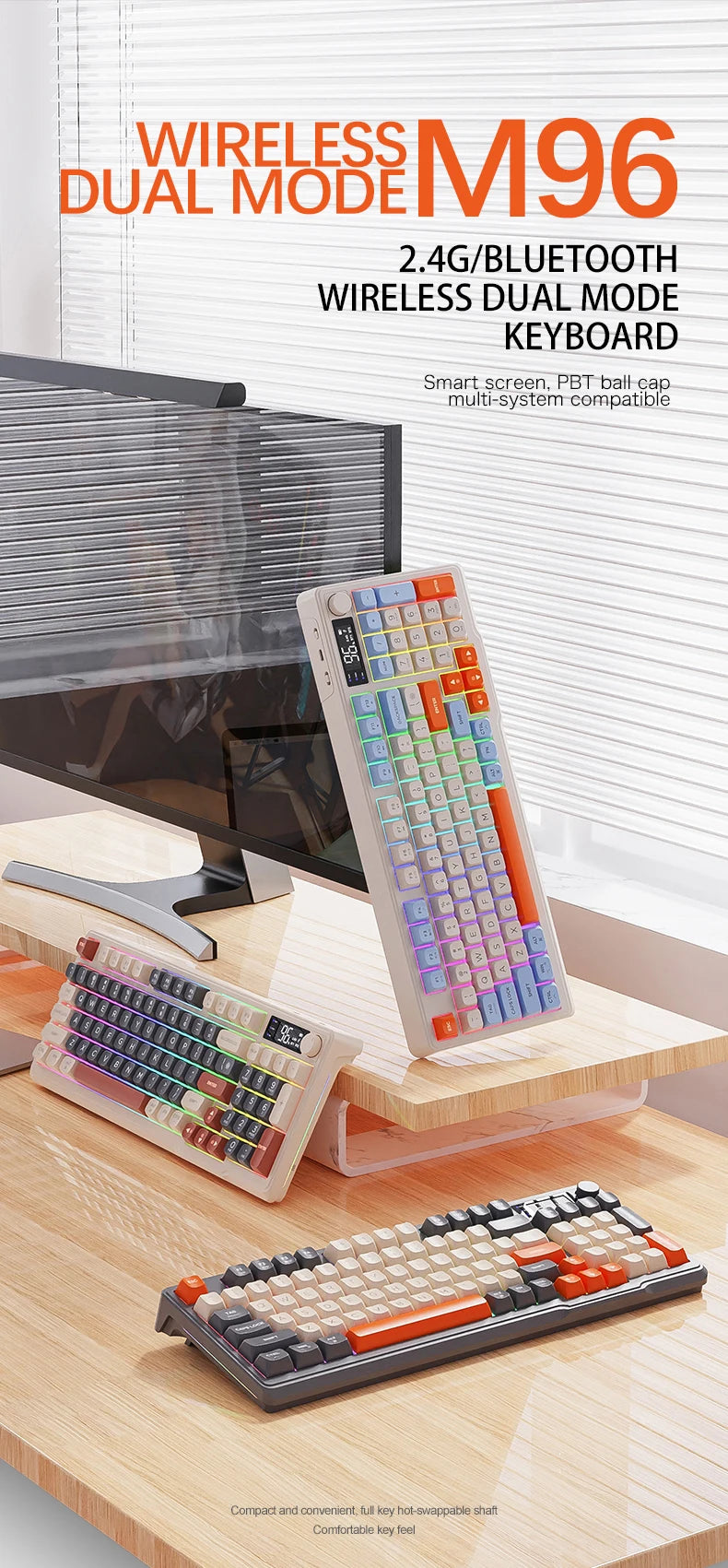 M96 kabellose Bluetooth-Tastatur FREEWOLF mit Digitalanzeige, RGB-Hintergrundbeleuchtung, 2000mAh-Akku & PBT-Tastenkappen für PC/Laptop