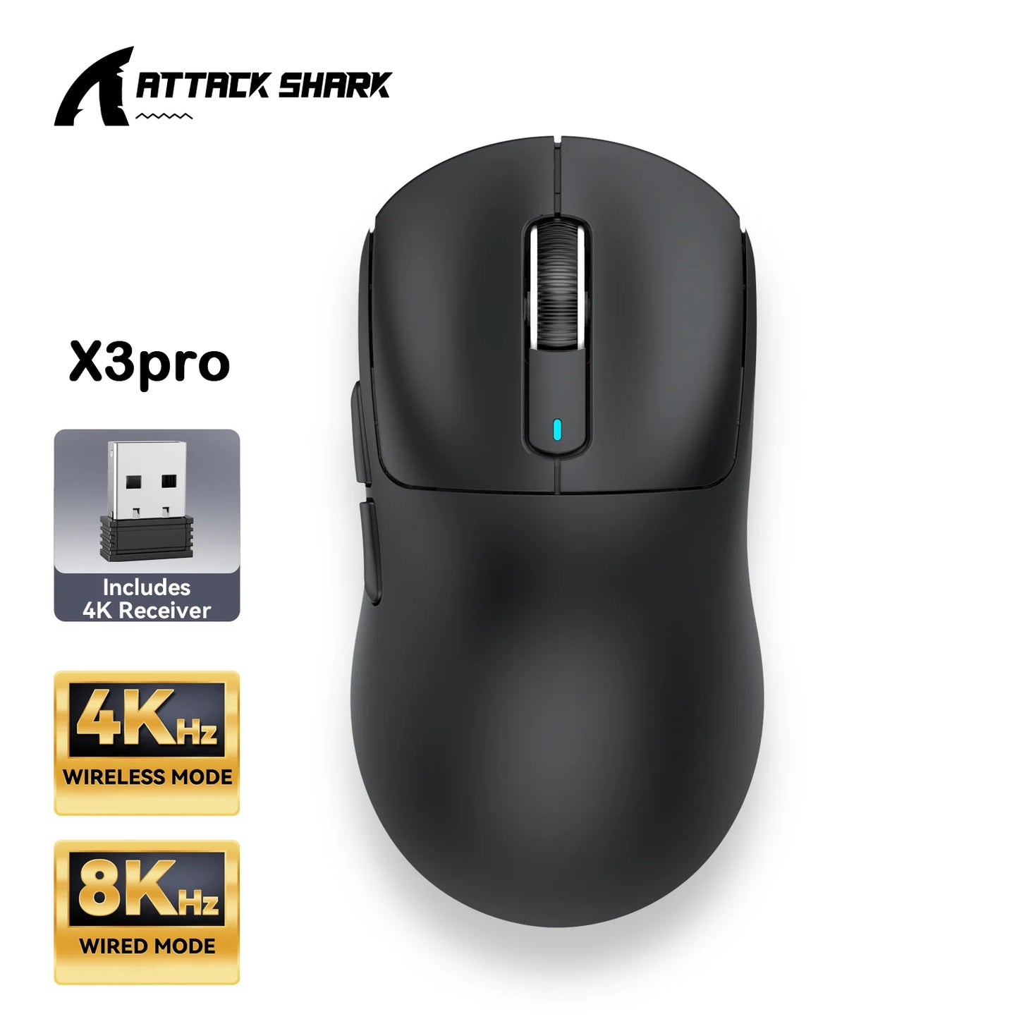 ATTACK SHARK X3/X3PRO 4K/8K trådlös gamingmus, 26K DPI, tri-mode (trådbunden/2.4GHz/BT5.2), lätt, PAW3395-sensor för gamers