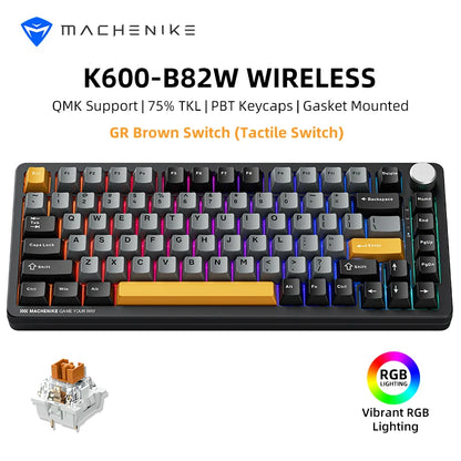 Teclado Mecânico Gaming Sem Fios Machenike K600-B82W Trimodo, Montagem Gasket, Layout ANSI 75% e Retroiluminação RGB