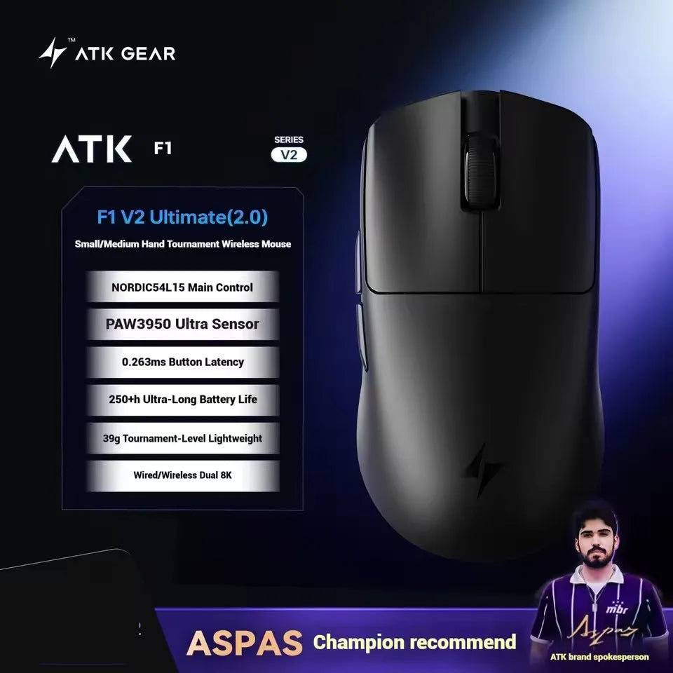 ATK Blazing Sky F1 V2 Ultra Max безжична геймърска мишка с двоен режим, олекотена, PAW3950Ultra, Dual 8K, ниска латентност, ергономична, екстремна