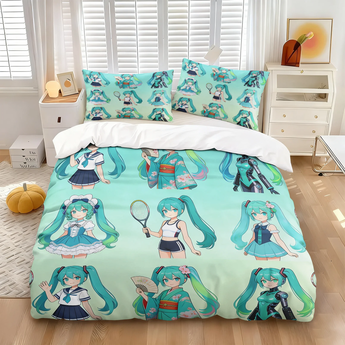 Σετ κάλυμμα παπλώματος Hatsune Miku σε στυλ Chibi – Χαριτωμένα κλινοσκεπάσματα anime με μαξιλαροθήκες – Διακόσμηση υπνοδωματίου για εφήβους και παιδιά – Δώρο για τους θαυμαστές