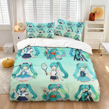 Σετ κάλυμμα παπλώματος Hatsune Miku σε στυλ Chibi – Χαριτωμένα κλινοσκεπάσματα anime με μαξιλαροθήκες – Διακόσμηση υπνοδωματίου για εφήβους και παιδιά – Δώρο για τους θαυμαστές